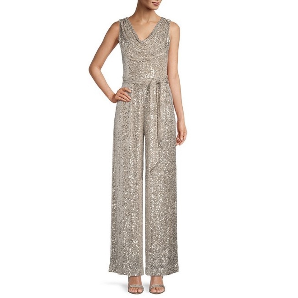 NWT Vince Camuto Sleeveless Cowl Neck Wide Leg Sequin Jumpsuit in Silver Sz. 0